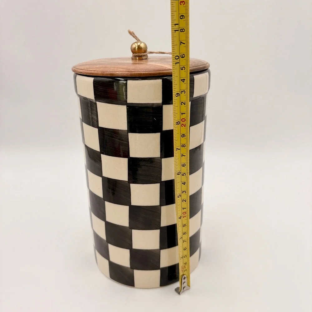 Hand Painted Checkered Ceramic Canister Wood Lid Extra Large Tall Made in India